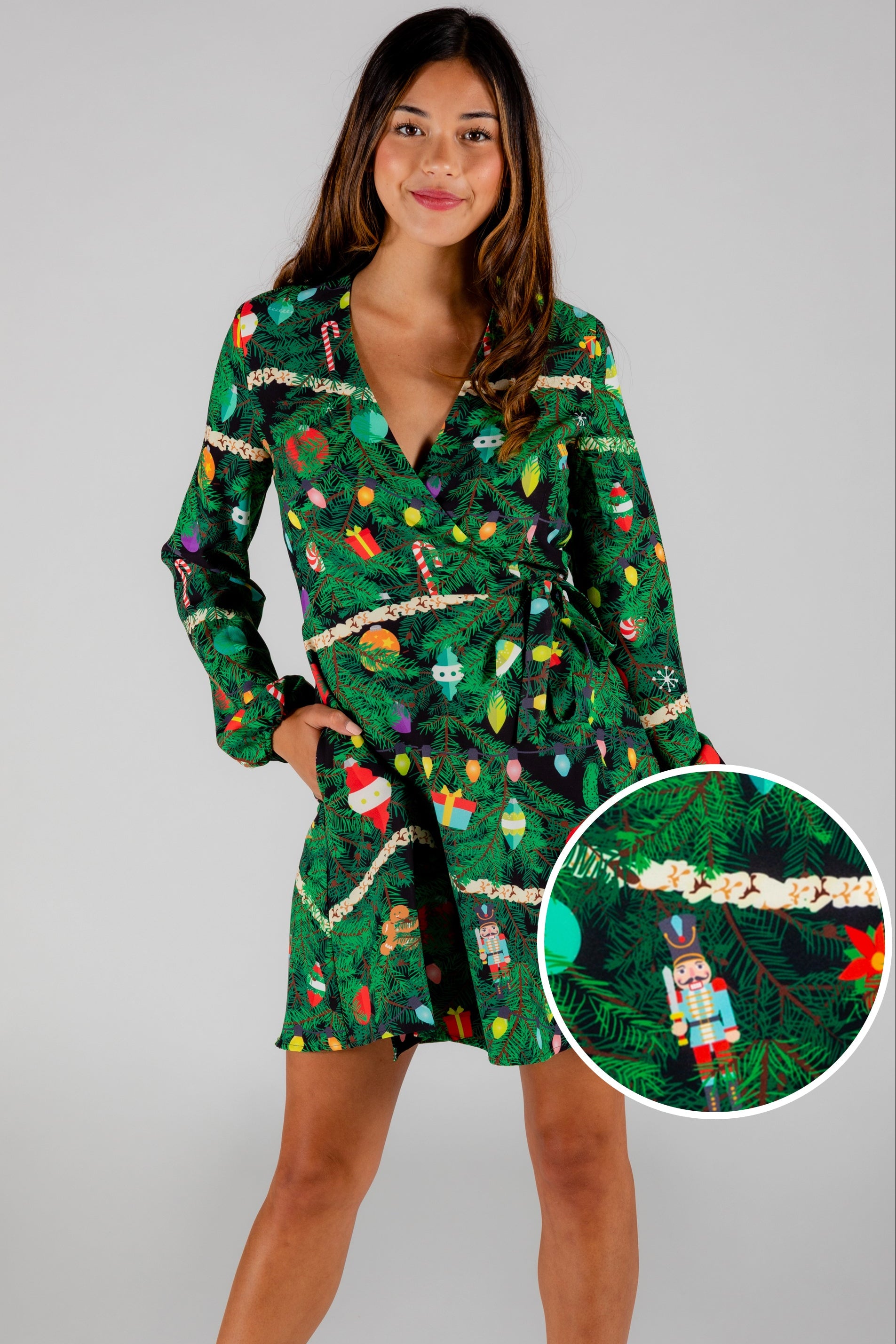 The Christmas Tree Camo | Christmas Tree Print Wrap Dress | Size XL | Green