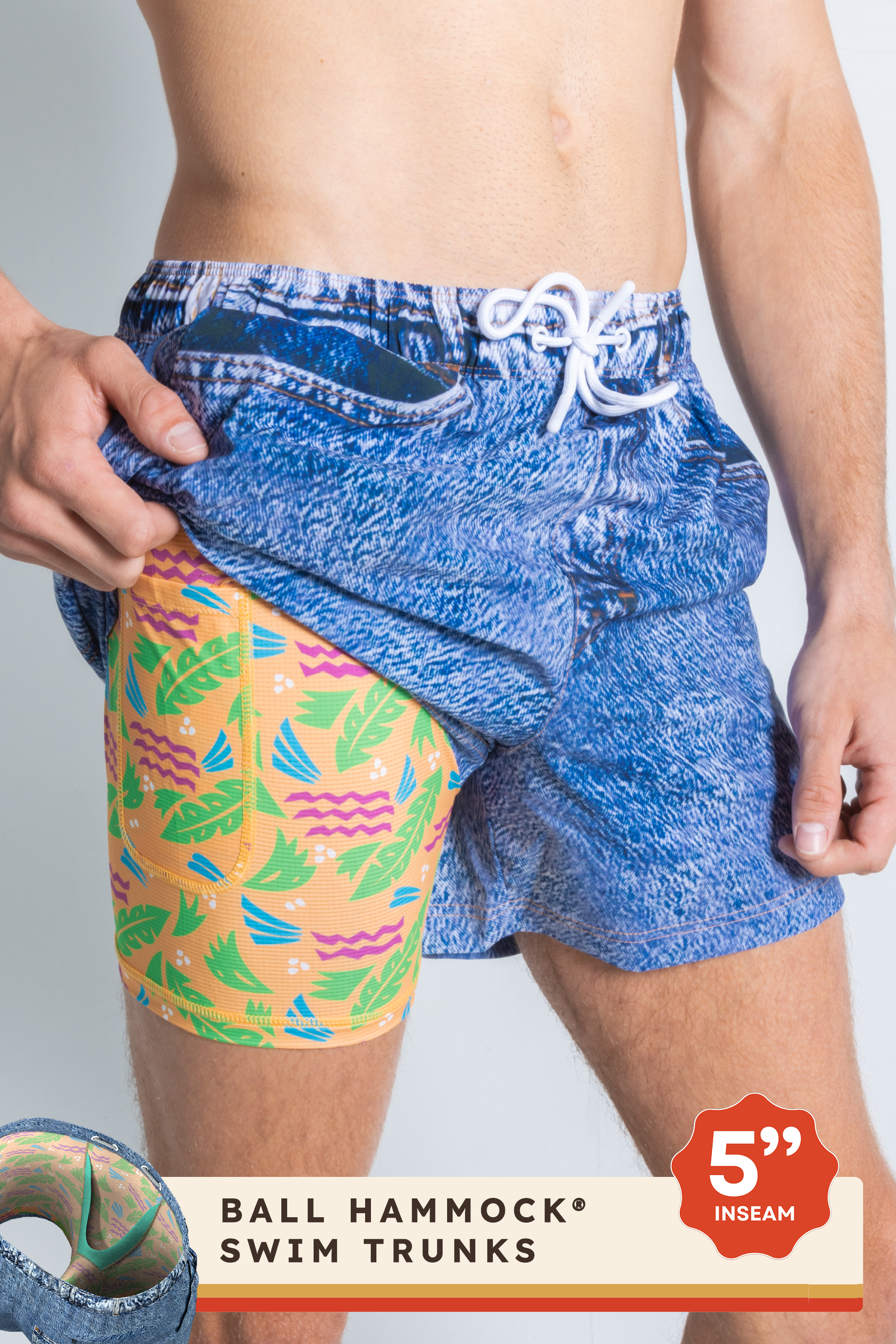 The Boogie Board Lord | Denim Tropical Ball Hammock® Pouch 5" Swim Trunks - Shinesty