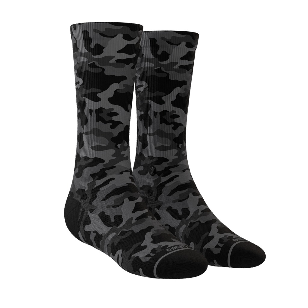 The Darkside | Black Camouflage Heel Hammock™ Crew Socks - Shinesty
