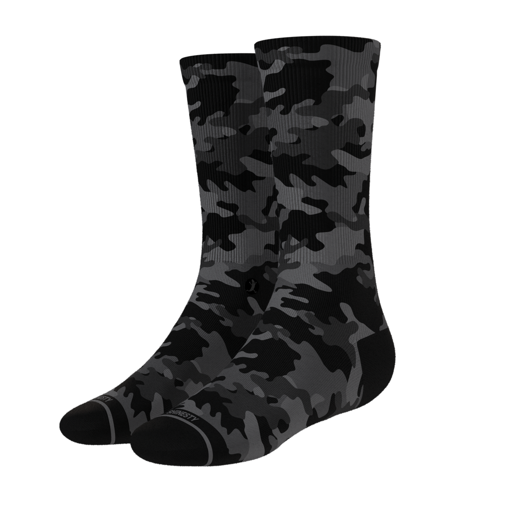 The Darkside | Black Camouflage Heel Hammock™ Crew Socks - Shinesty