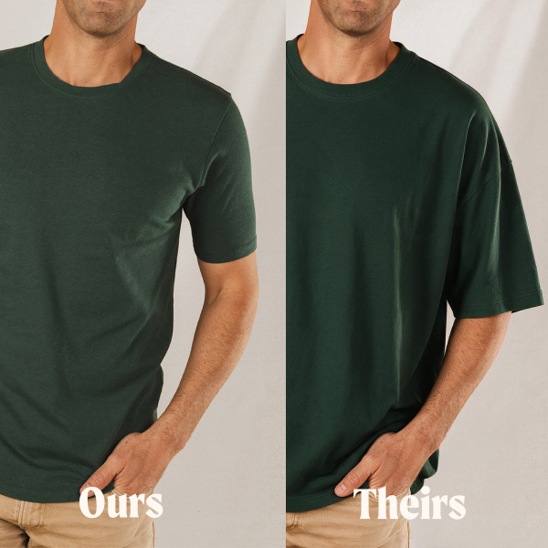 Side-by-side comparison of two forest green tees labeled Ours and Theirs, one fitted through the chest, one boxy