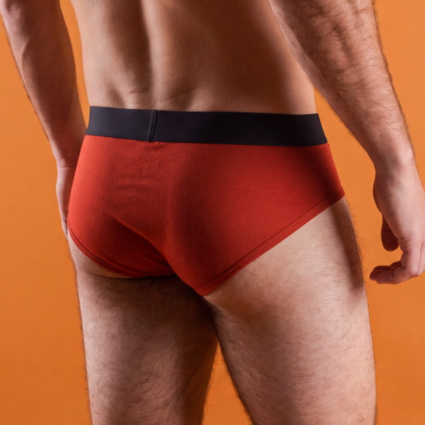 Rust-red briefs with a black waistband from behind, leg openings cut at the top of the thigh