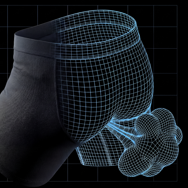 Black boxer briefs overlaid with a cyan wireframe, a mesh gas cloud passing through the fabric on a dark grid