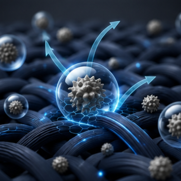 3D rendering of spiky odor molecules trapped in bubbles among dark fabric fibers, arrows carrying them away