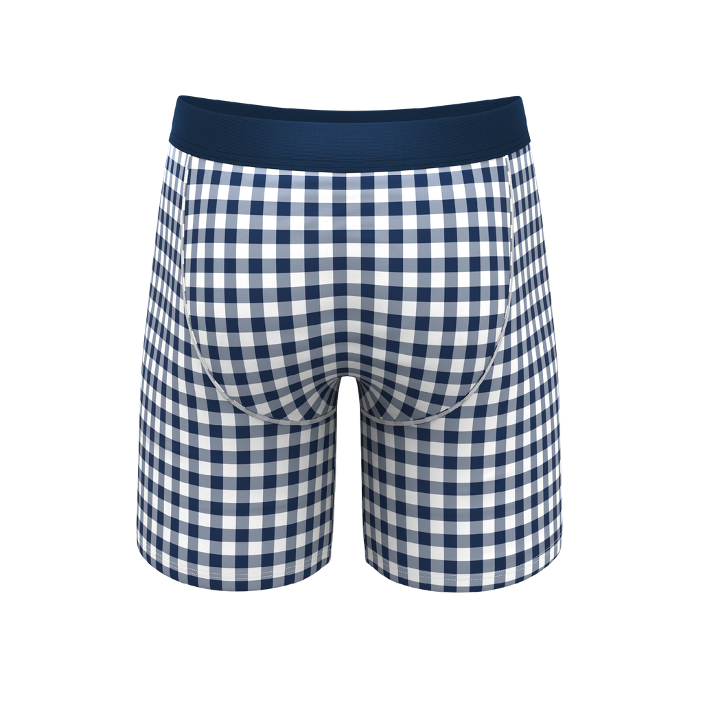 The Mad For Plaid | Navy Gingham Ball Hammock® Boxer - Long Leg - Shinesty