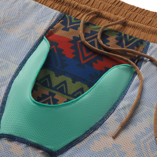 Athletic shorts turned inside out, mint mesh Ball Hammock pouch against a southwestern-print liner