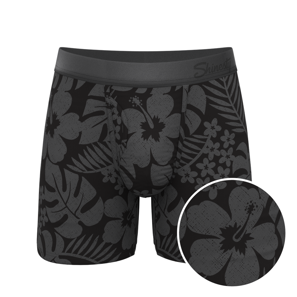 The Midnight Flora | Black Tonal Tropical Ball Hammock® Pouch Underwear With Fly - Shinesty
