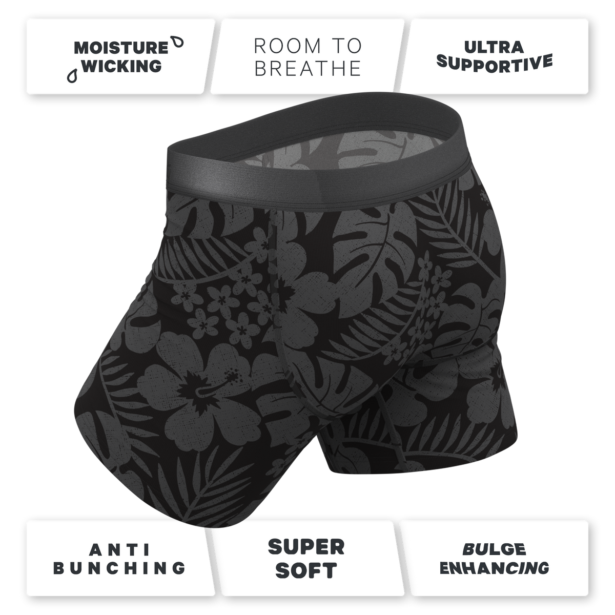 The Midnight Flora | Black Tonal Tropical Ball Hammock® Pouch Underwear With Fly - Shinesty