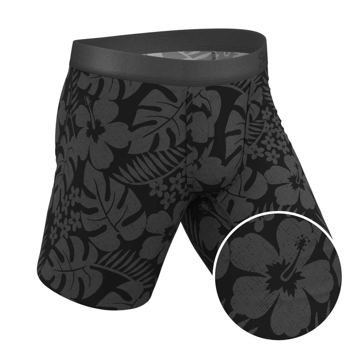 The Midnight Flora | Black Tonal Tropical Ball Hammock® Boxer - Long Leg - Shinesty