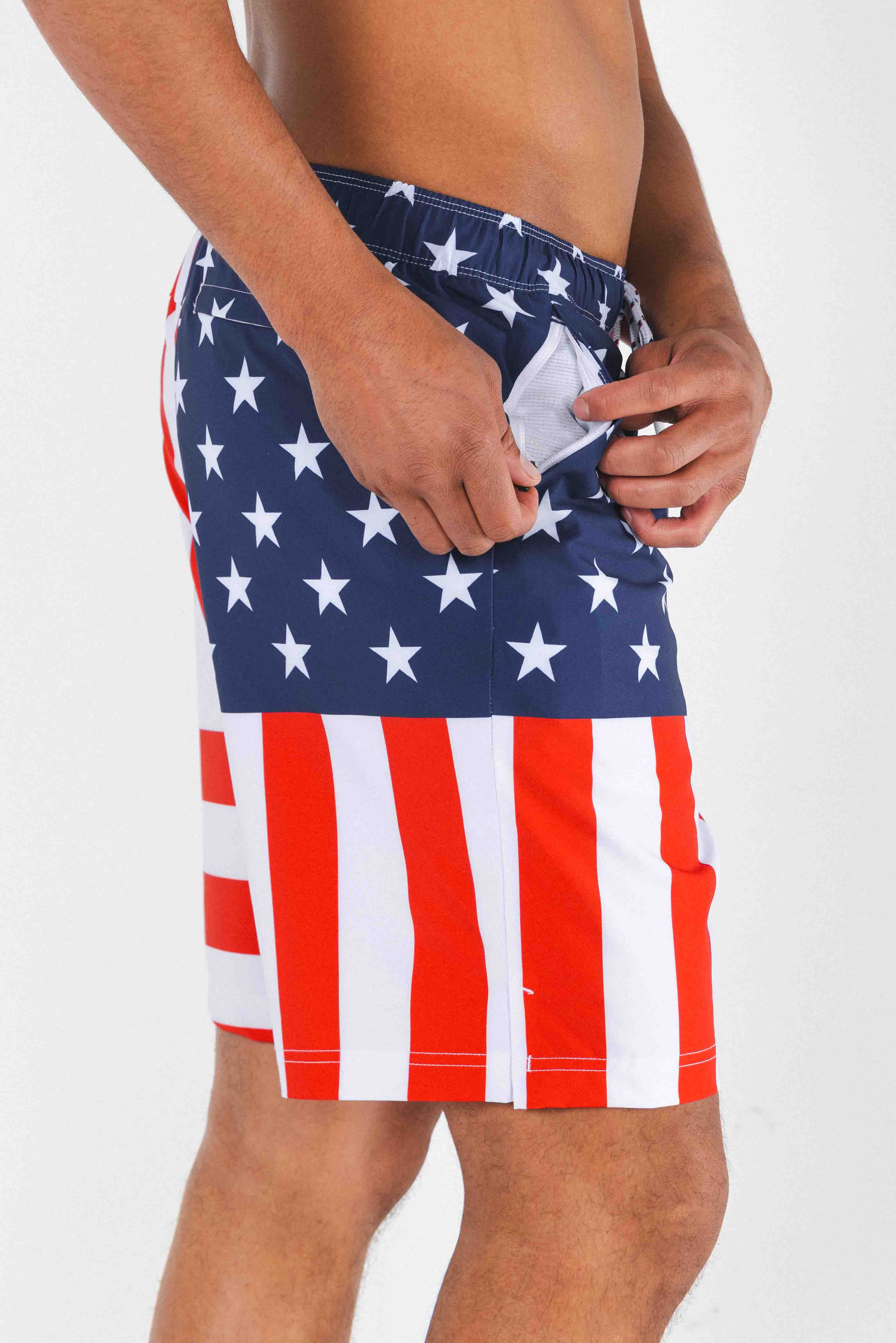 The Reagans | American Flag Patch Ball Hammock® Pouch 8" Swim Trunks - Shinesty