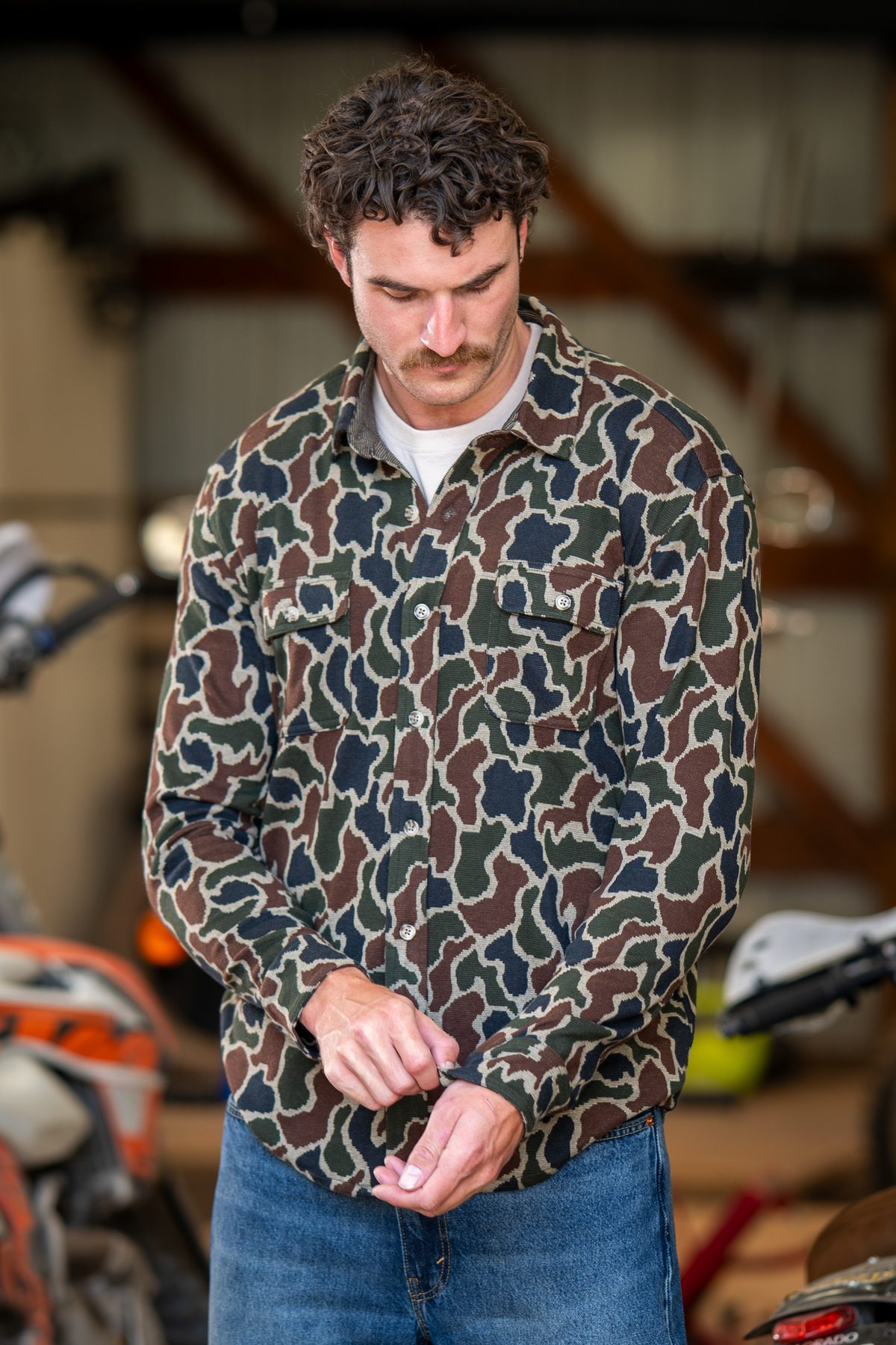 The Blender | Grey Duck Camo Chinchilla Soft™ Long Sleeve Stretch Button Up Shirt - Shinesty