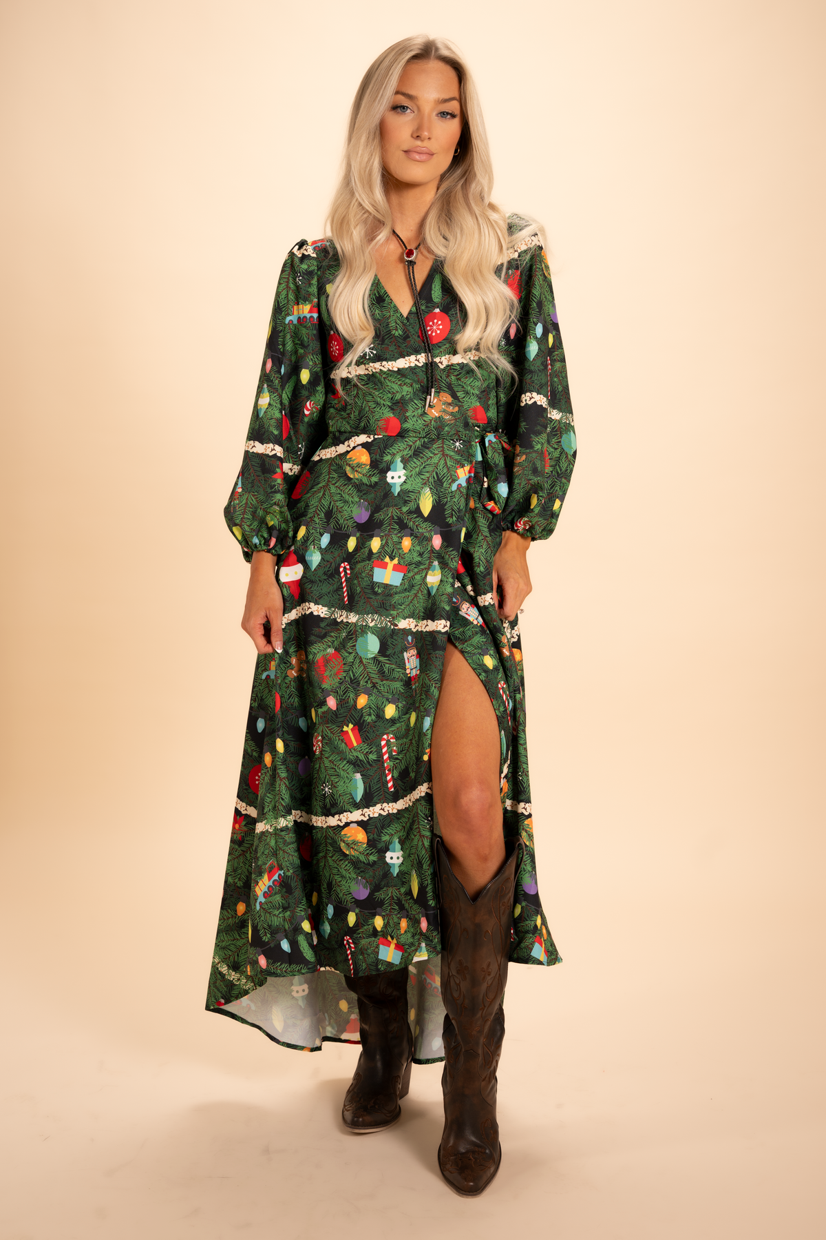 The Christmas Tree Camo | Christmas Tree Print Long Sleeve Dress - Shinesty