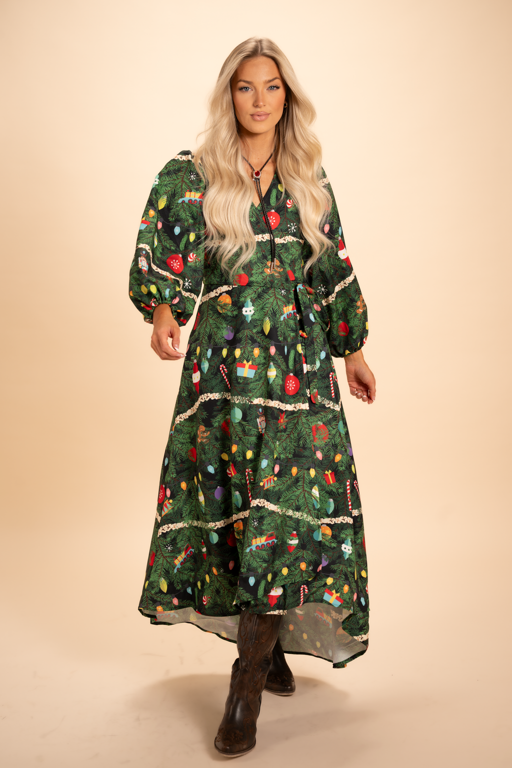 The Christmas Tree Camo | Christmas Tree Print Long Sleeve Dress - Shinesty