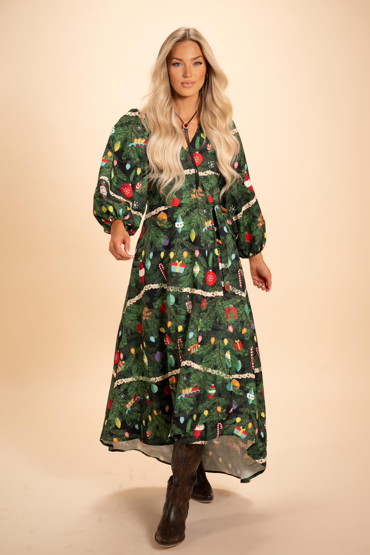 The Christmas Tree Camo | Christmas Tree Print Long Sleeve Dress - Shinesty