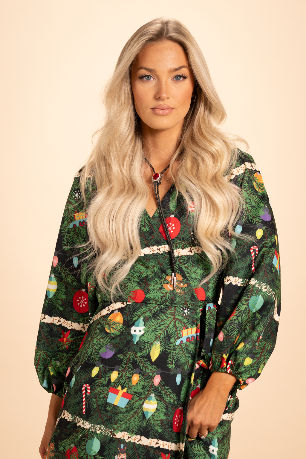 The Christmas Tree Camo | Christmas Tree Print Long Sleeve Dress - Shinesty