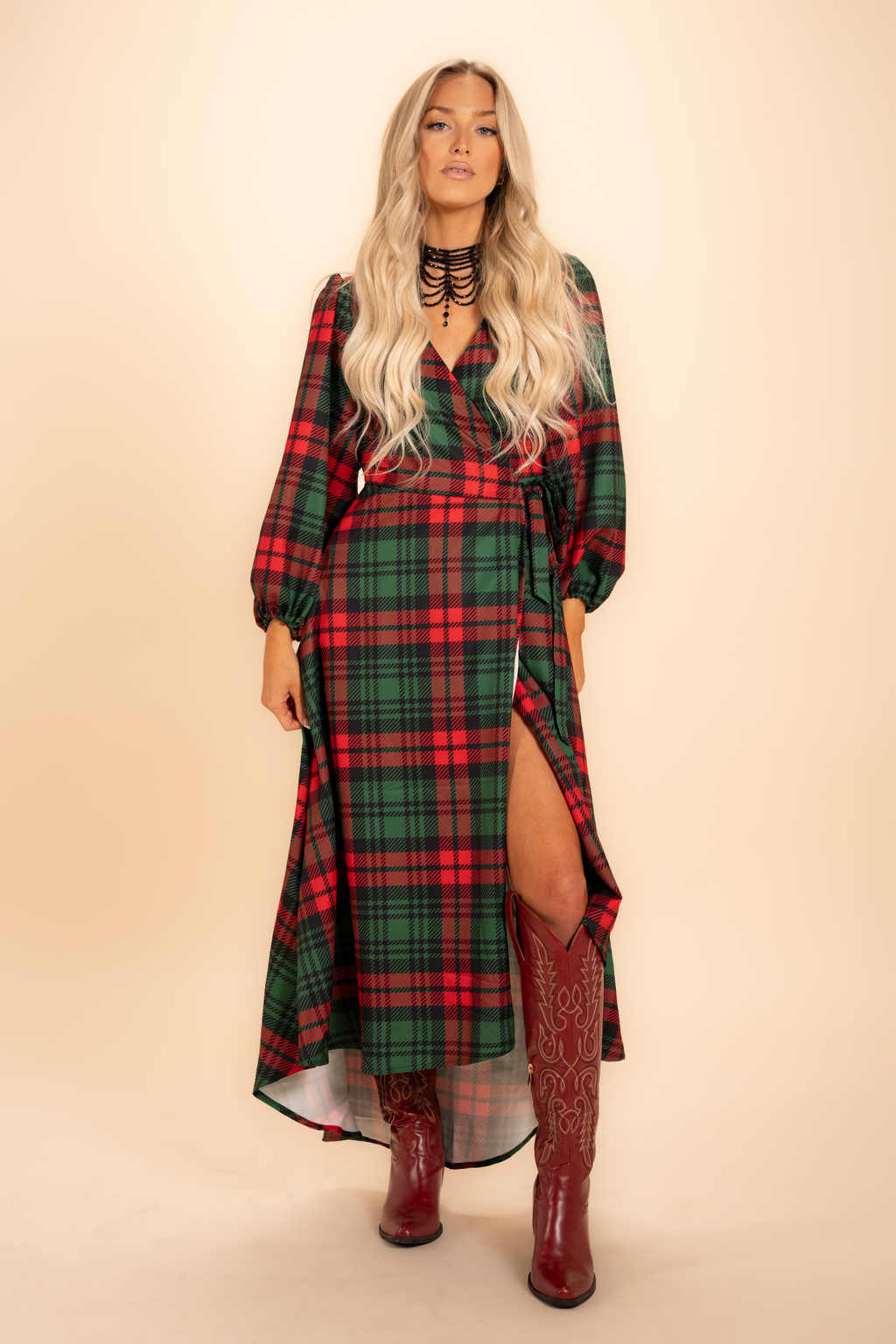 The Lincoln Log Love Lady | Women's Green Plaid Christmas Long Sleeve Dress - Shinesty