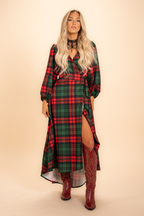 The Lincoln Log Love Lady | Women's Green Plaid Christmas Long Sleeve Dress - Shinesty