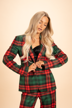 The Lincoln Log Love Lady | Women's Green Plaid Christmas Notch Collar Lined Blazer - Shinesty