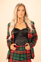 The Lincoln Log Love Lady | Women's Green Plaid Christmas Notch Collar Lined Blazer - Shinesty