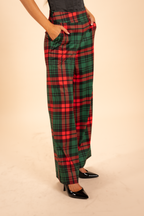 The Lincoln Log Love Lady | Women's Green Plaid Christmas Wide Leg Pants - Shinesty