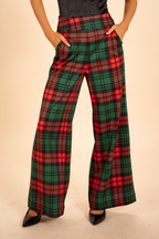 The Lincoln Log Love Lady | Women's Green Plaid Christmas Wide Leg Pants - Shinesty