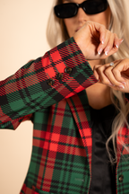 The Lincoln Log Love Lady | Women's Green Plaid Christmas Notch Collar Lined Blazer - Shinesty