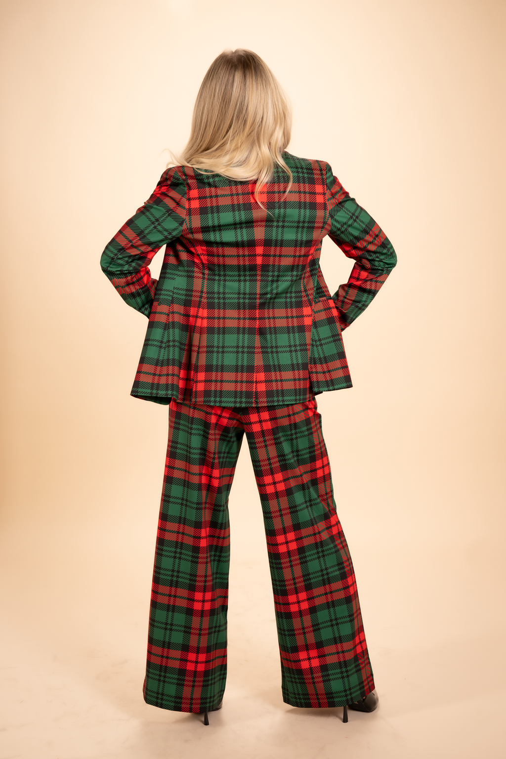 The Lincoln Log Love Lady | Women's Green Plaid Christmas Notch Collar Lined Blazer - Shinesty