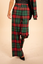 The Lincoln Log Love Lady | Women's Green Plaid Christmas Wide Leg Pants - Shinesty