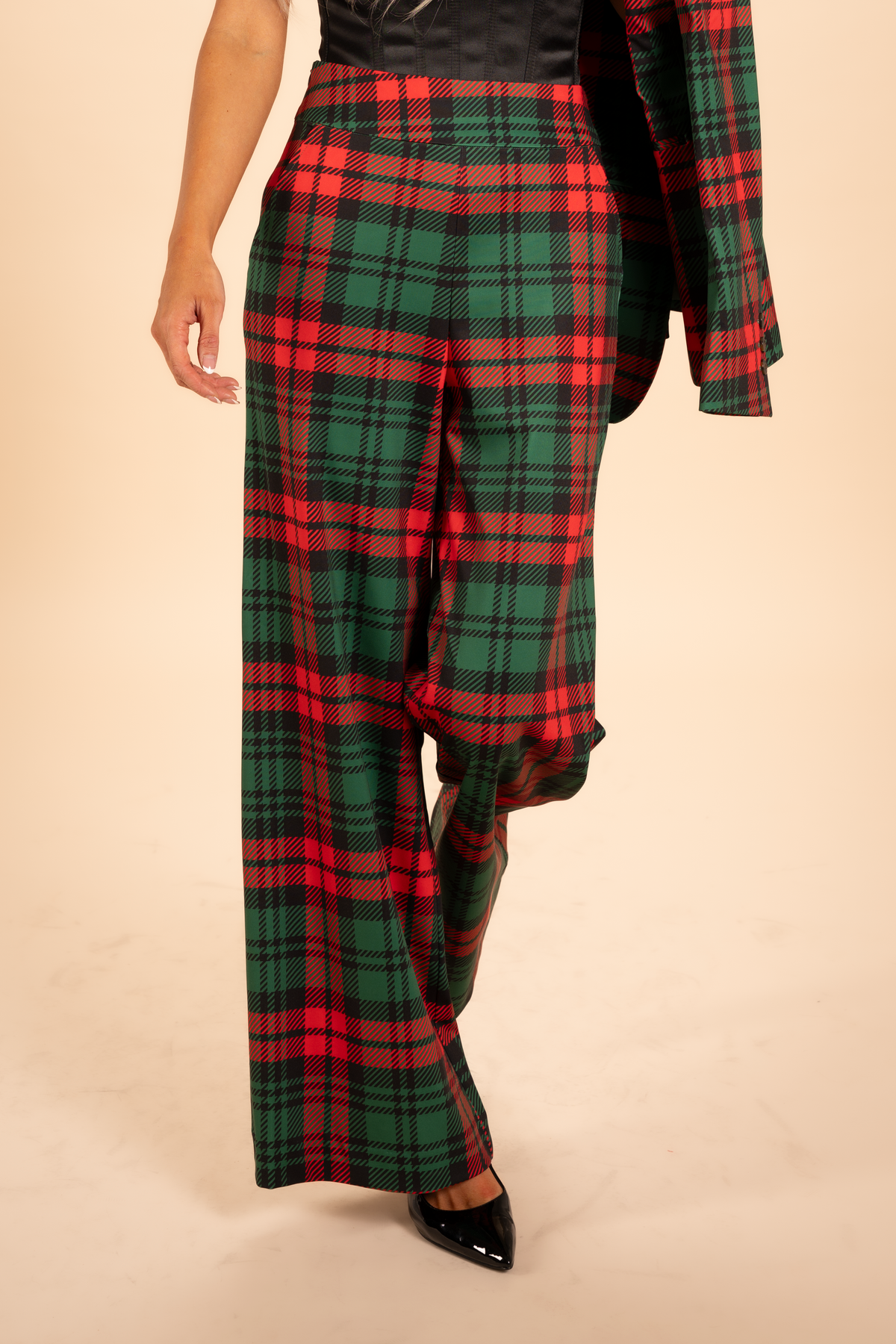 The Lincoln Log Love Lady | Women's Green Plaid Christmas Wide Leg Pants - Shinesty
