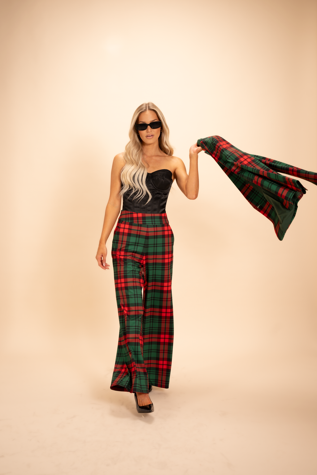 The Lincoln Log Love Lady | Women's Green Plaid Christmas Wide Leg Pants - Shinesty