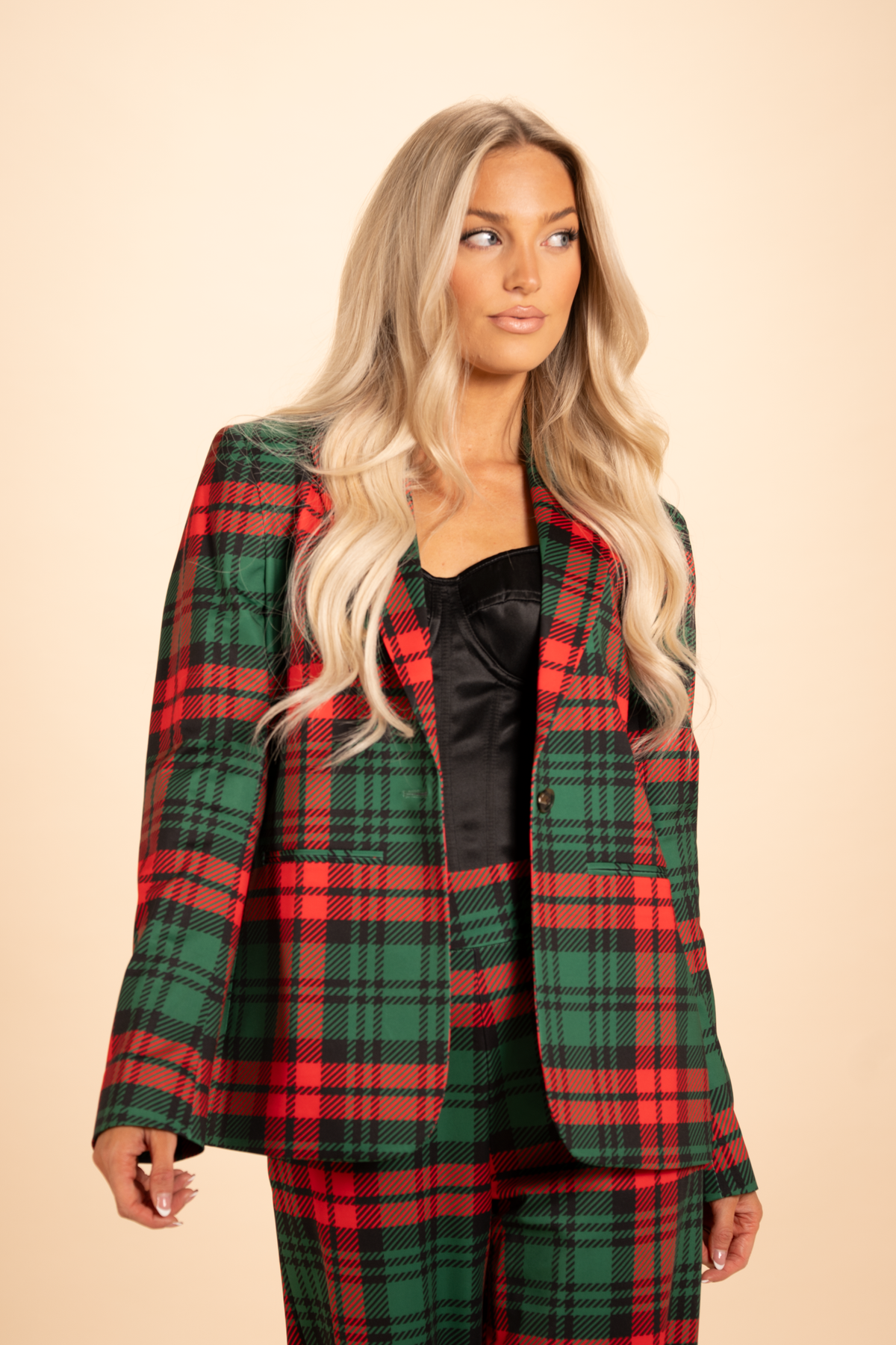 The Lincoln Log Love Lady | Women's Green Plaid Christmas Notch Collar Lined Blazer - Shinesty