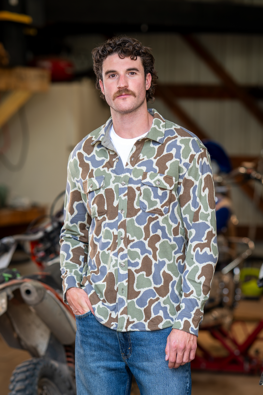 The Out Of Mind | Duck Camo Chinchilla Soft™ Long Sleeve Stretch Button Up Shirt - Shinesty