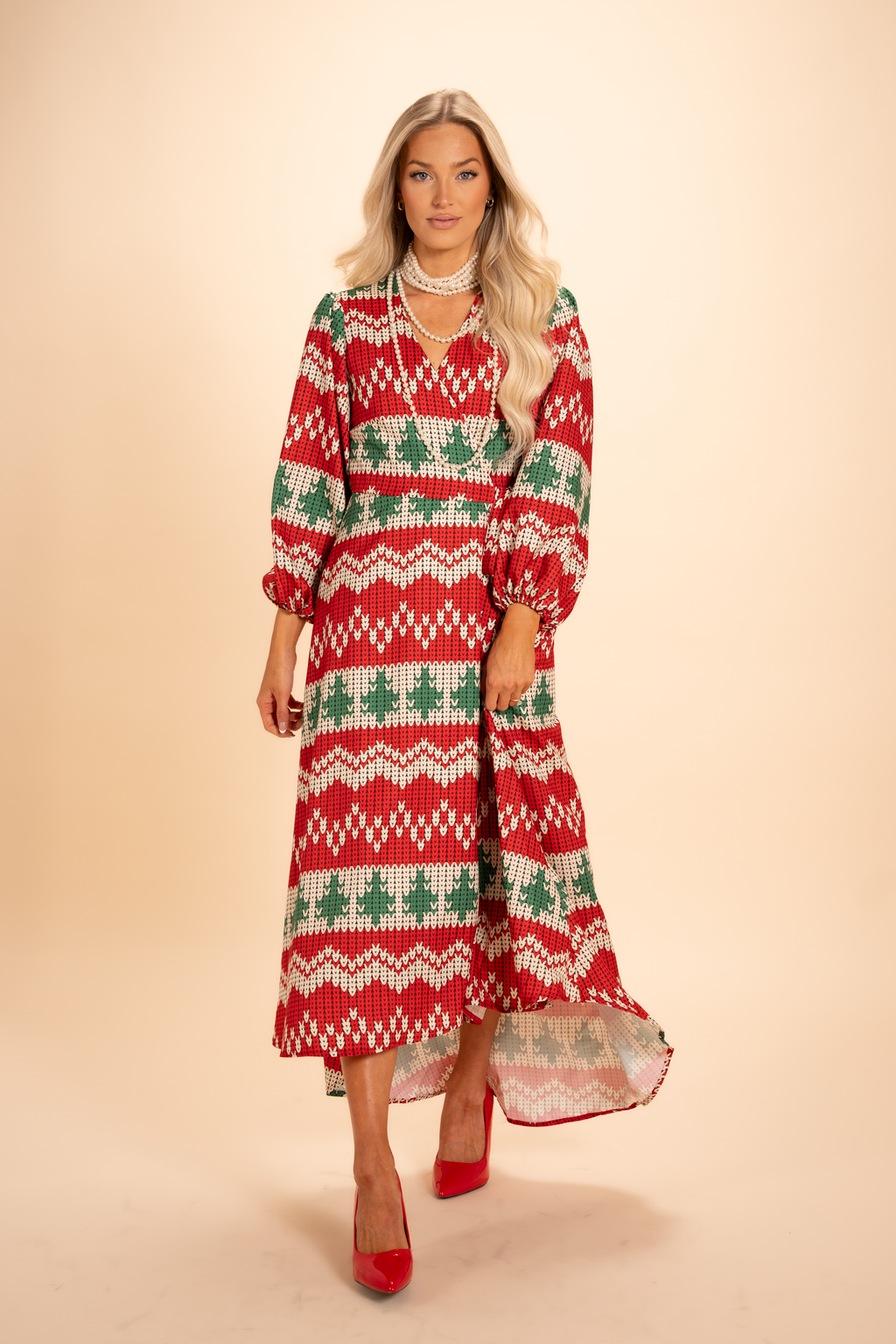The Red Ryder | Fair Isle Knit Print Long Sleeve Dress - Shinesty