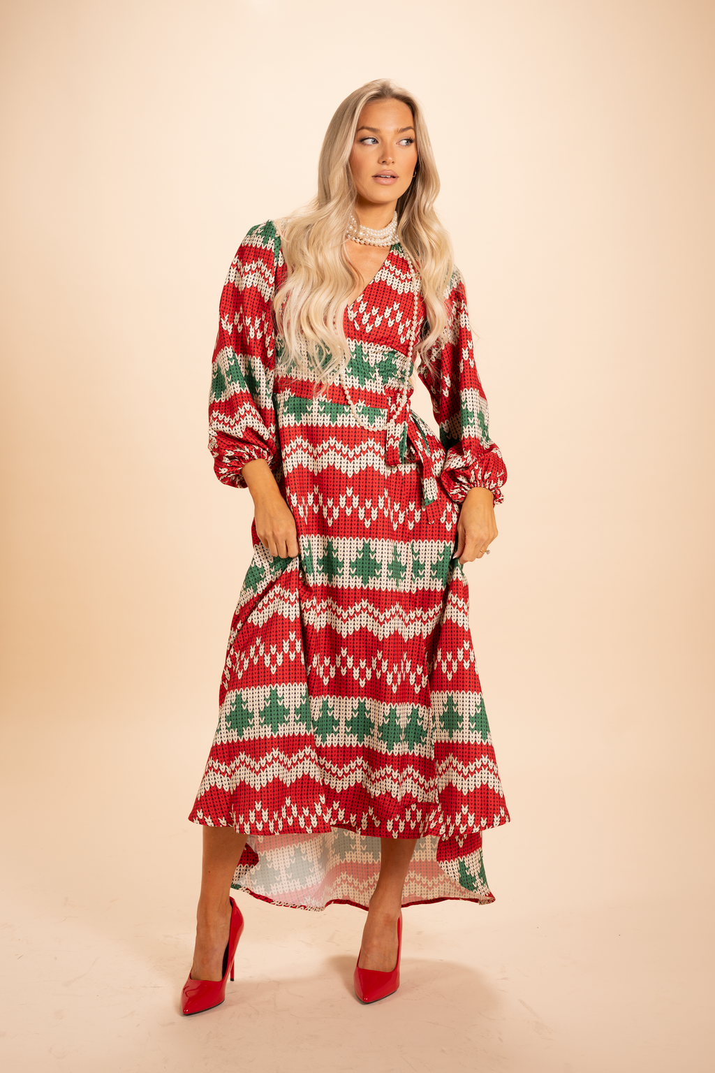 The Red Ryder | Fair Isle Knit Print Long Sleeve Dress - Shinesty