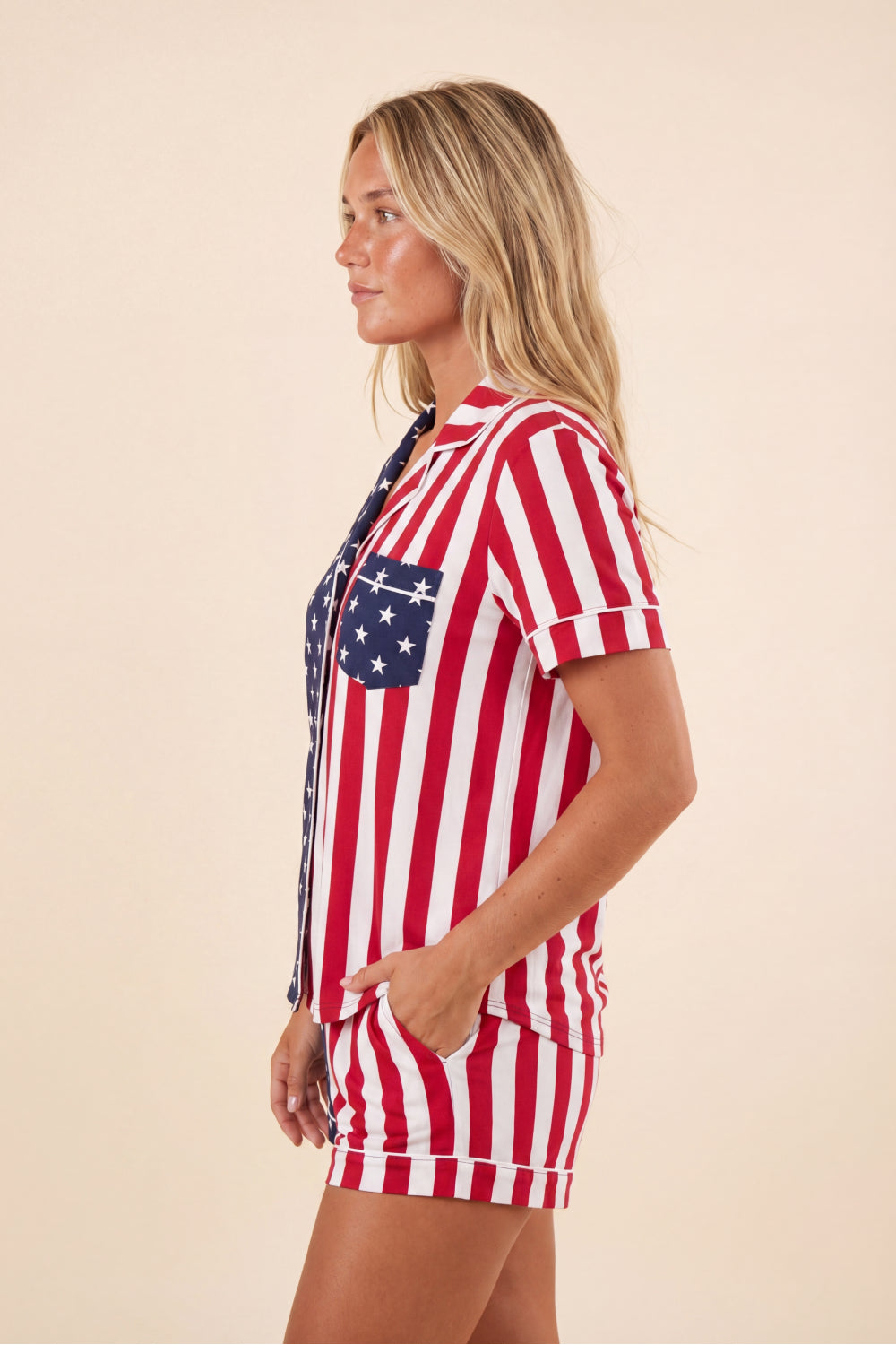 The Reagans | American Flag Button Down Short Pajama Set - Shinesty