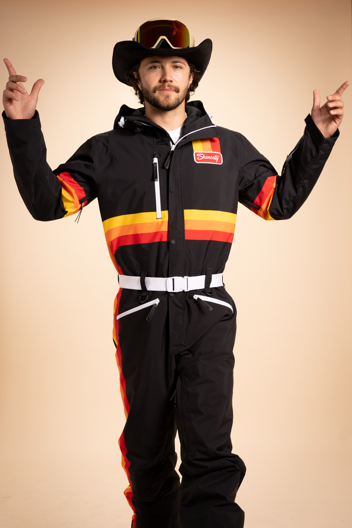 The T-Bar Trooper | Black and Orange Retro Stripe One Piece Ski Suit - Shinesty