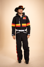 The T-Bar Trooper | Black and Orange Retro Stripe One Piece Ski Suit - Shinesty