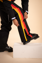 The T-Bar Trooper | Black and Orange Retro Stripe One Piece Ski Suit - Shinesty