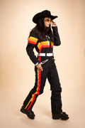 The T-Bar Trooper | Black and Orange Retro Stripe Women's One Piece Ski Suit - Shinesty