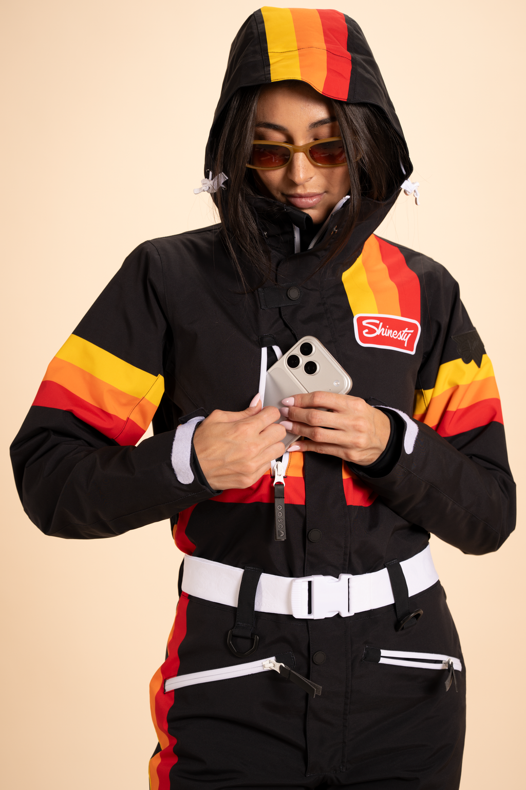 The T-Bar Trooper | Black and Orange Retro Stripe Women's One Piece Ski Suit - Shinesty