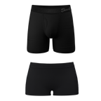The Threat Level Midnight | Black Boyshort and Ball Hammock® Boxer With Fly Matching Couples Underwear Pack - Shinesty