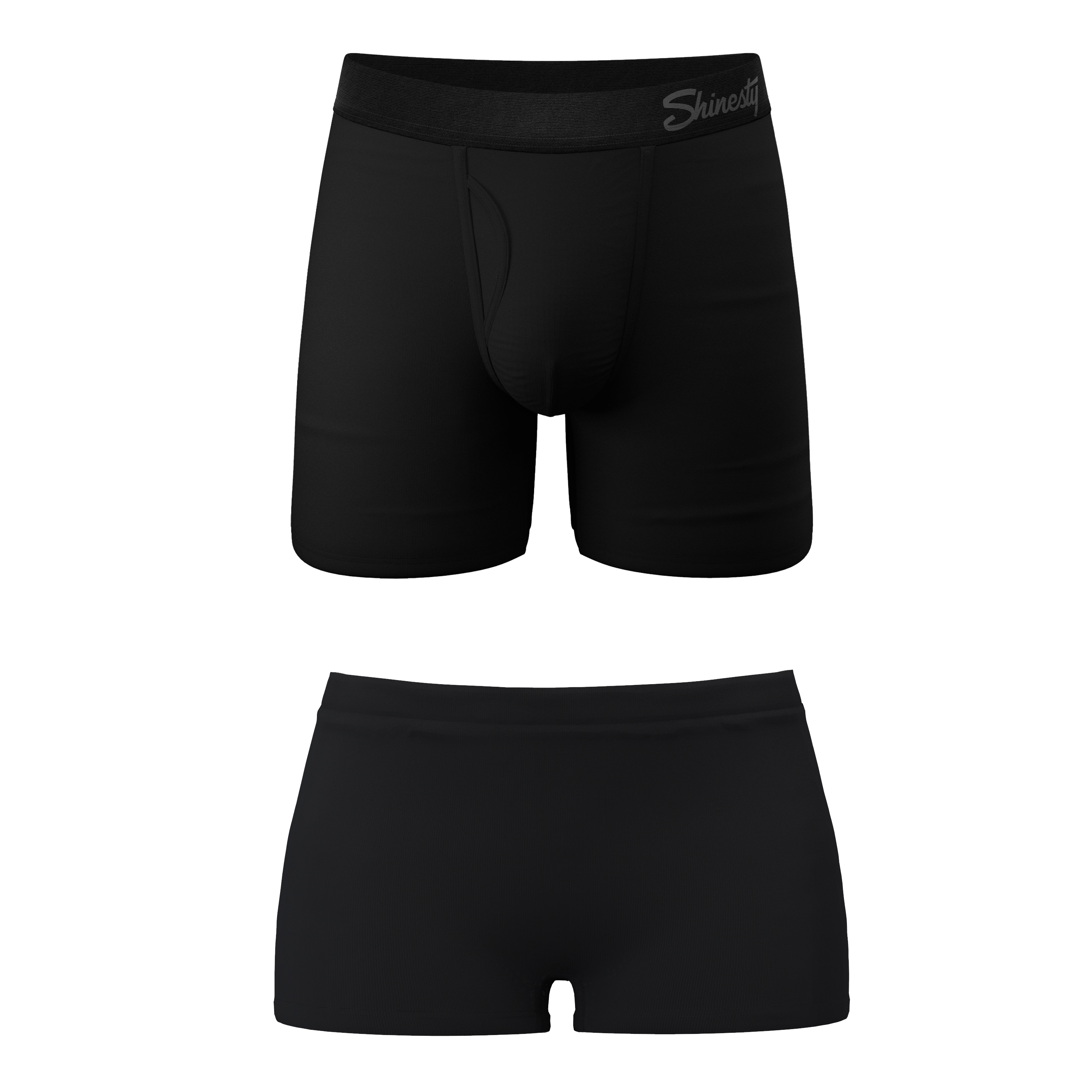 The Threat Level Midnight | Black Boyshort and Ball Hammock® Boxer With Fly Matching Couples Underwear Pack - Shinesty
