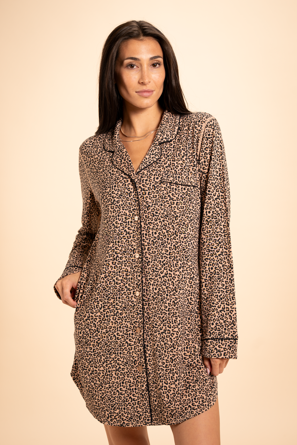 The Wild Cat | Leopard Print SleepDeep™ Long Sleeve Pajama Dress - Shinesty