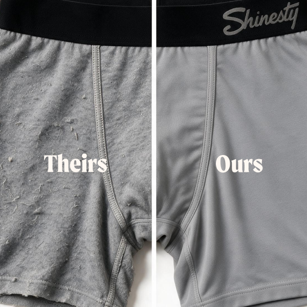 Split-screen comparison of two gray boxer briefs labeled Theirs and Ours, one pilled and fuzzy, the Shinesty pair smooth
