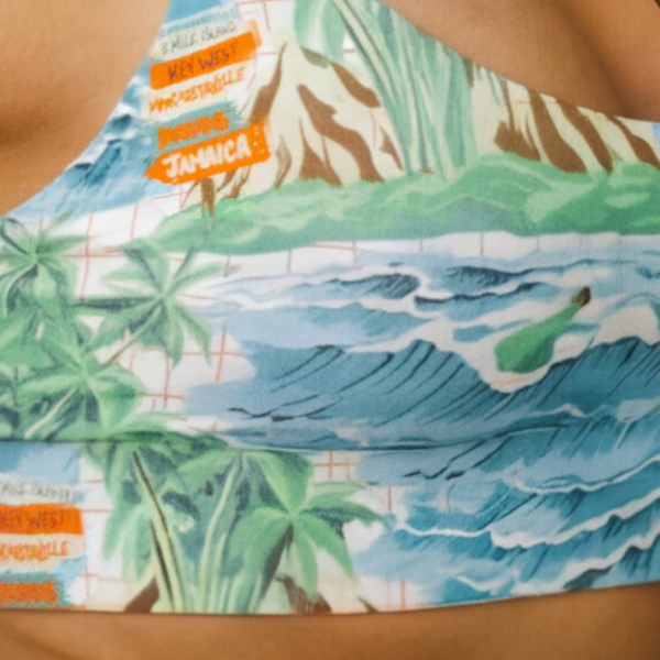 Scoop-neck bralette in a tropical print of waves, palms and Key West street signs, no underwire in sight