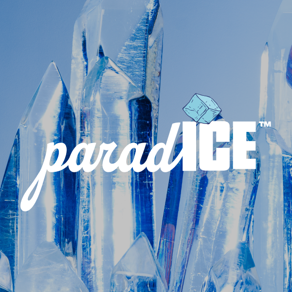White paradICE script with a tiny ice cube above the letters, jagged ice formations behind
