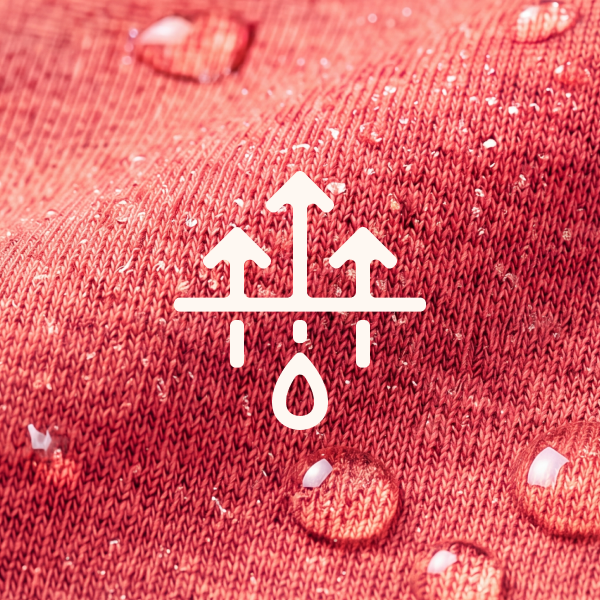 Beads of water sitting on top of coral MicroModal knit beside a white moisture-wicking icon