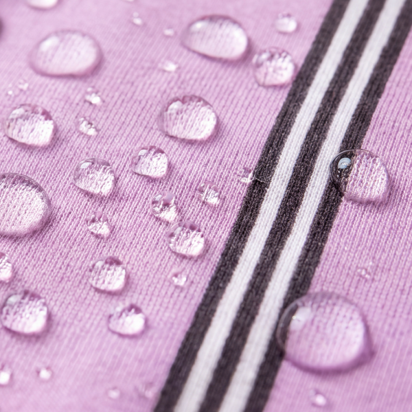 Lavender MicroModal pajama fabric with black and white piping, water droplets balanced on top