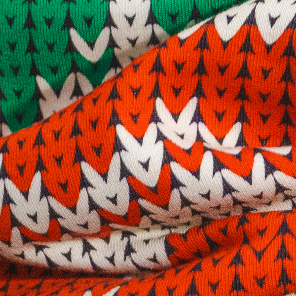 Holiday chevron print in red, green and white that mimics a chunky knit, the women's pajamaralls fabric