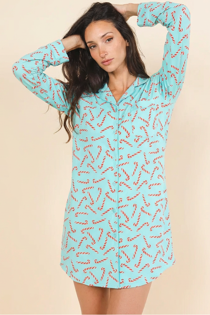 The Peppermint Pimp Canes | Candy Cane SleepDeep™ Long Sleeve Pajama Dress - Shinesty